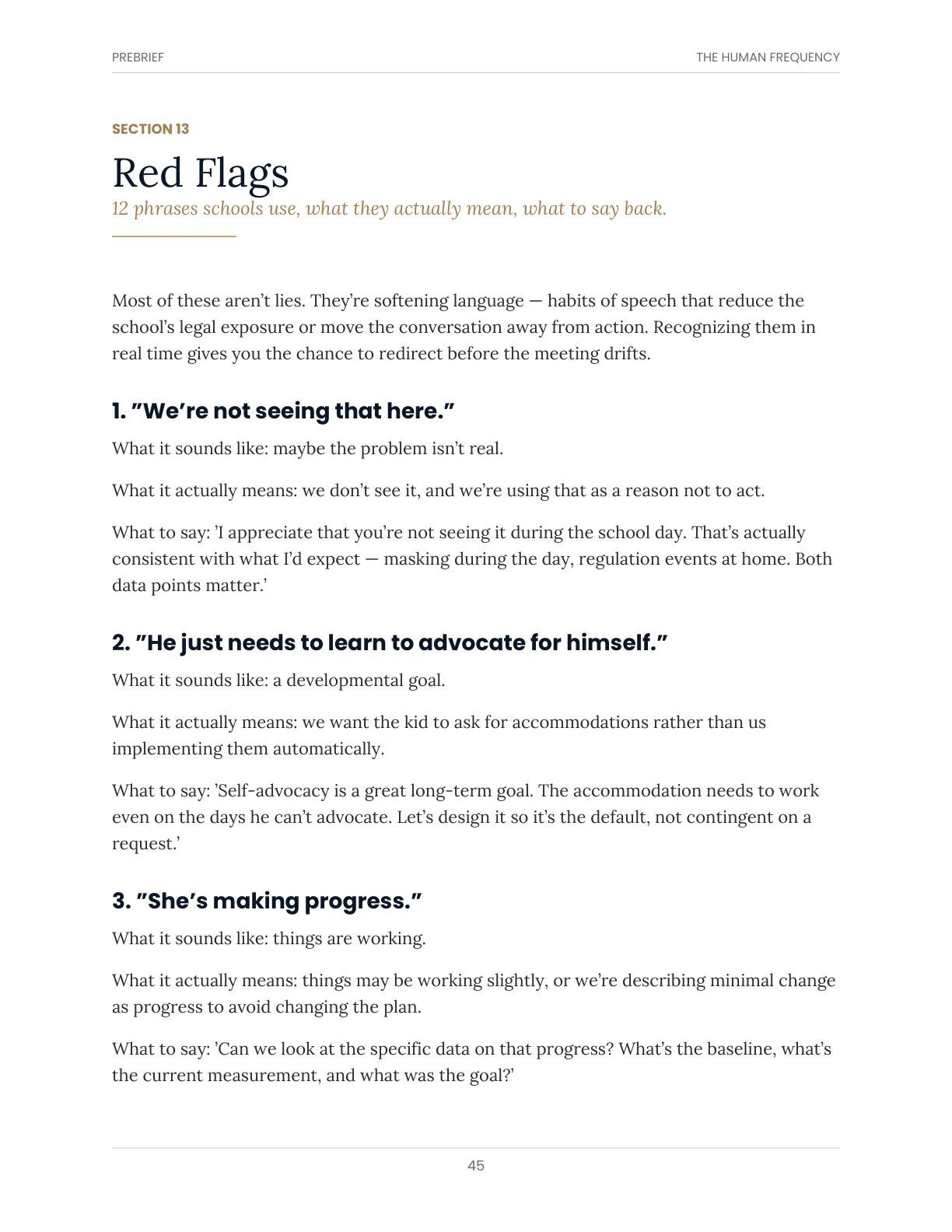 Toolkit page: Red Flags, twelve phrases schools use, what they actually mean, and what to say back