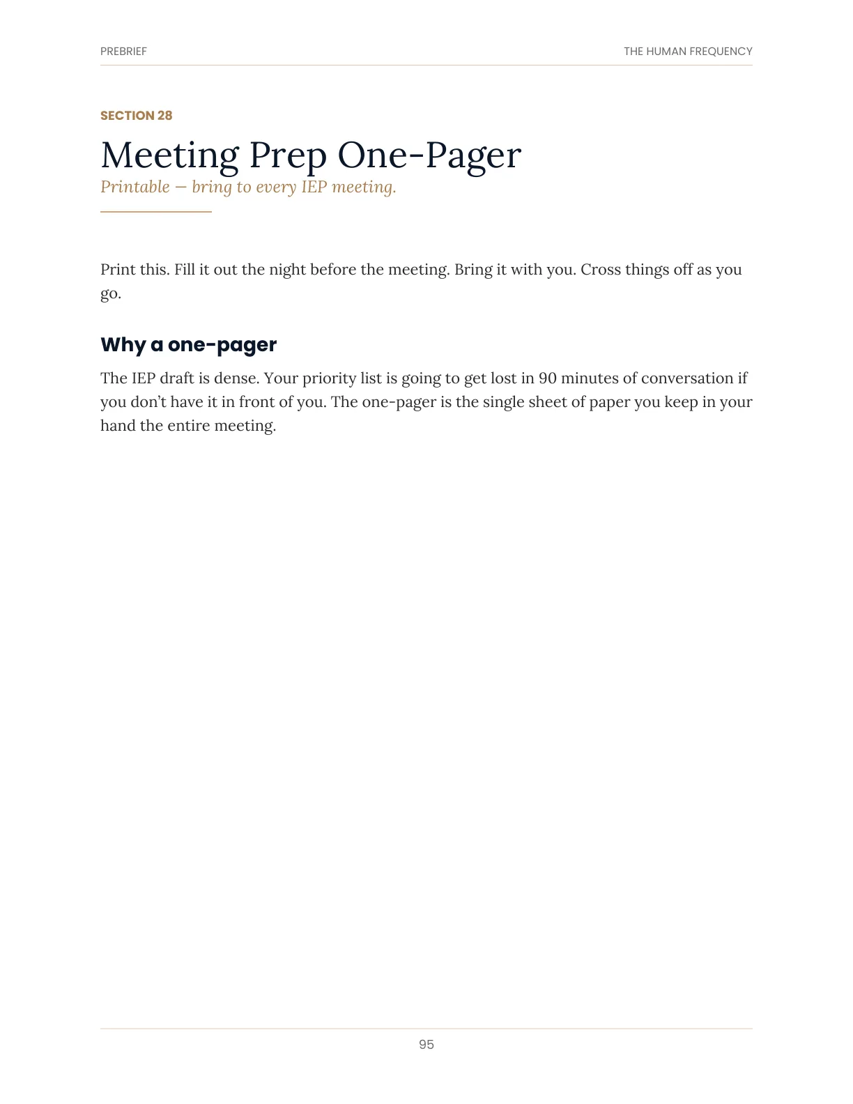 Toolkit page: the one-page meeting prep sheet to print and bring